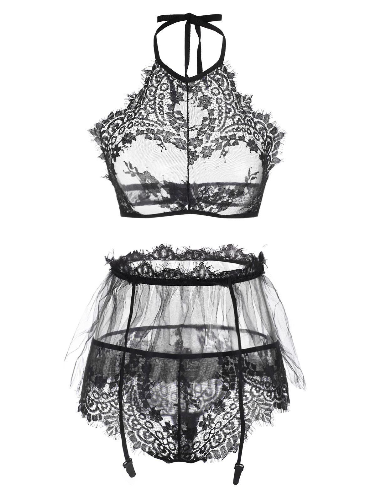 

Halter Lace Gartered Bra Set, Black