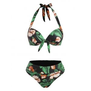

Halter Tropical Print Knot Push Up Full Coverage Bikini Swimwear, Black