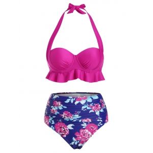

Halter Floral Ruffle Underwire Ruched Tankini Swimwear, Deep blue