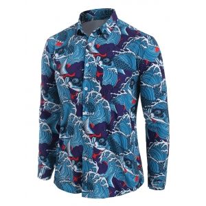 

Sea Waves Fish Print Pocket Button Up Shirt, Silk blue