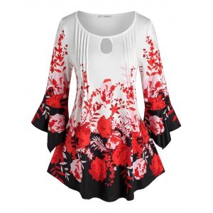 

Plus Size Floral Print Bell Sleeve Pleat Tee, White