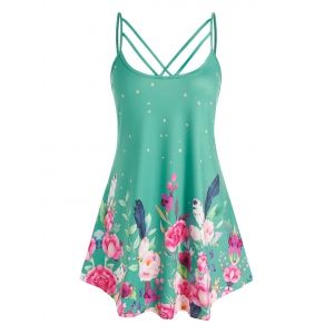 

Plus Size Flower Print Straps Cutout Backless Tunic Tank Top, Light green