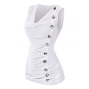 

Plus Size Cowl Neck Mock Button Ruched Tank Top, White