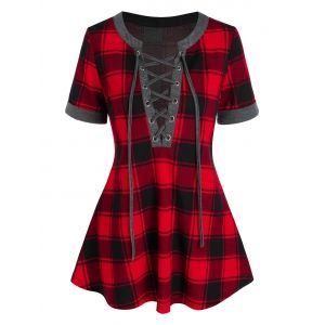 

Lace Up Plaid Swing Tee, Red