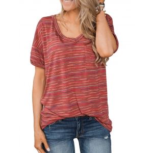 

V Neck Striped Front Pocket Long Tee, Red