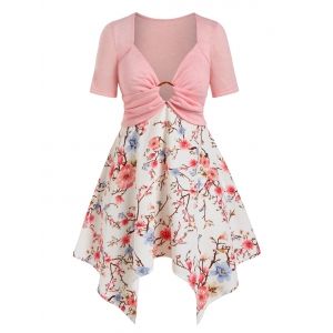 

Plus Size Handkerchief O Ring Floral Print Tee, Light pink