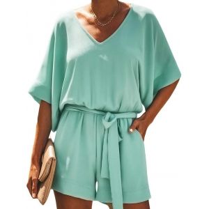 

V Neck Slip Pockets Belted Romper, Blue