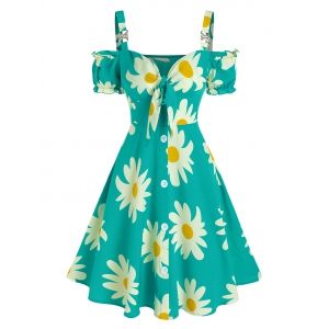 

Flower Printed Cold Shoulder Puff Sleeve Dress, Light green