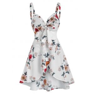 

Bow Detail Floral Print Overlap Tank Top, White