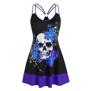 

Plus Size O Ring Floral Skull Print Swing Tank Top, Black