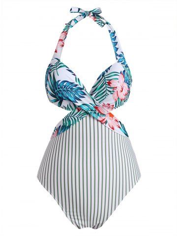 Halter Floral Leaf Striped Underwire Cutout One-piece Swimsuit - LIGHT GREEN - S