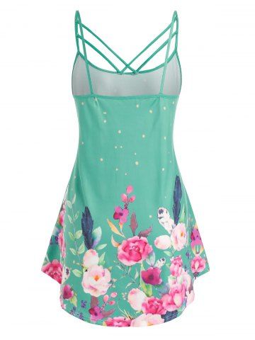 Plus Size Flower Print Straps Cutout Backless Tunic Tank Top