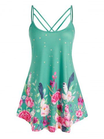 Plus Size Flower Print Straps Cutout Backless Tunic Tank Top