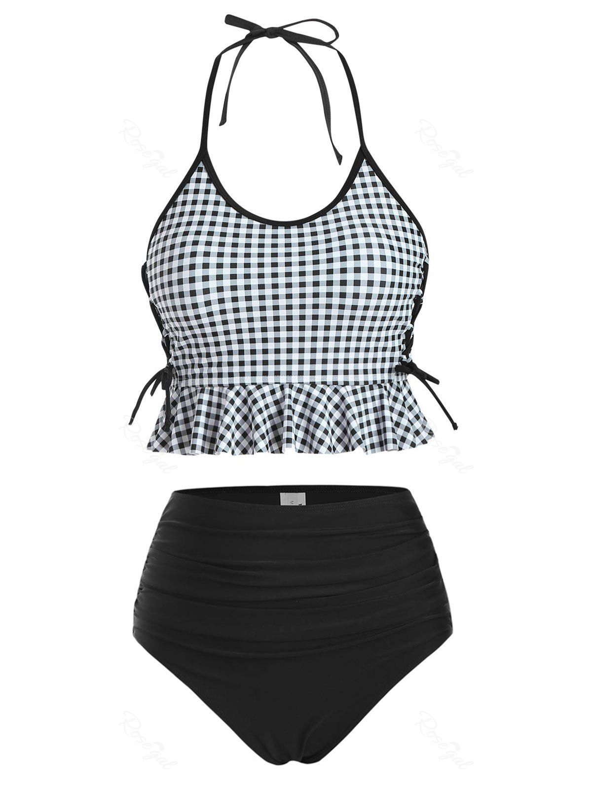 

Halter Gingham Ruffle Lace-up Tankini Swimwear, Black