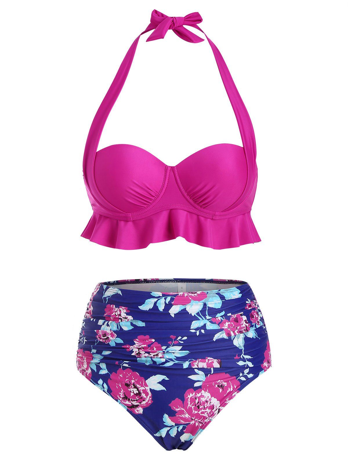 

Halter Floral Ruffle Underwire Ruched Tankini Swimwear, Deep blue