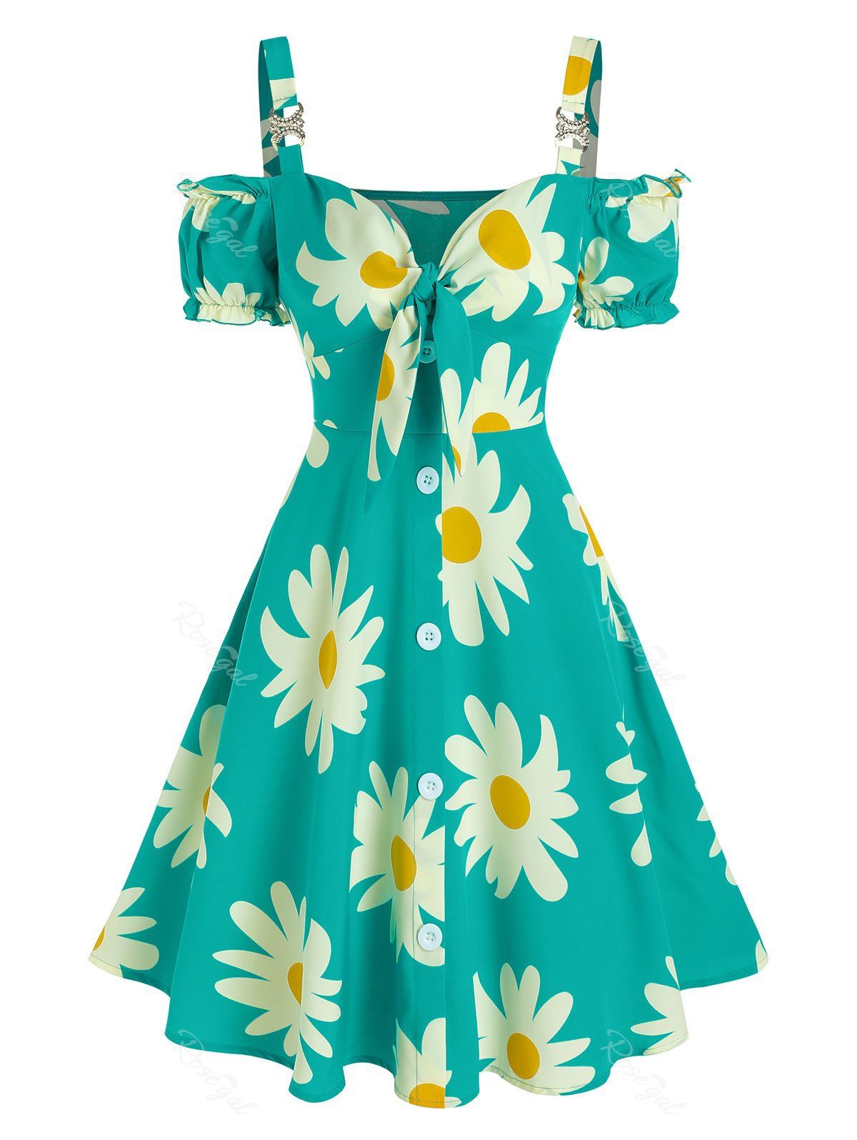 Affordable Flower Printed Cold Shoulder Puff Sleeve Dress  