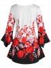 Plus Size Floral Print Bell Sleeve Pleat Tee -  