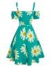 Flower Printed Cold Shoulder Puff Sleeve Dress -  