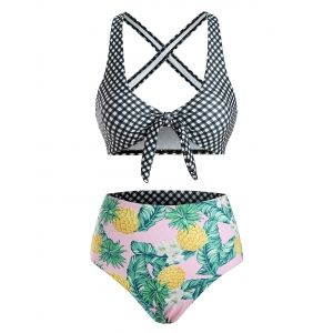 

Reversible Gingham Pineapple Tied Crisscross Bikini Swimwear, Multi