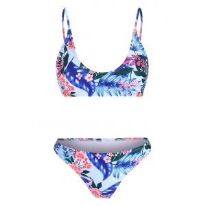 

Floral Leaf Print Cami Strap Bikini, Colormix