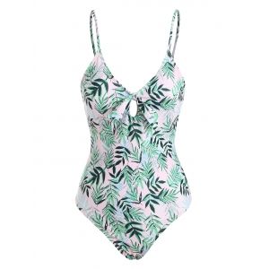 

Leaves Print High Cut Tropical Swimsuit, Light pink