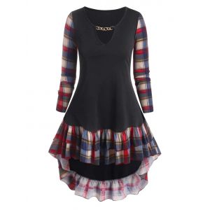 

Plus Size Keyhole Flounce Plaid High Low T Shirt, Red