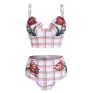 

Flower and Plaid Print Spaghetti Strap Bikini Swimsuit, Red