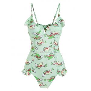 

Rainbow Unicorn Print V-wired Underwire Ruffle One-piece Swimsuit, Light green