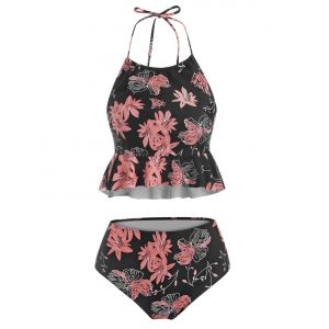 

Halter Floral Ruffle Tankini Swimwear, Black
