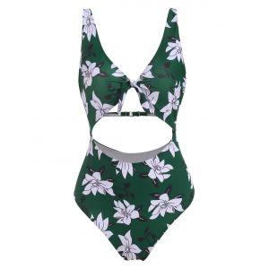 

Floral Knot Cutout Padded One-piece Swimsuit, Deep green