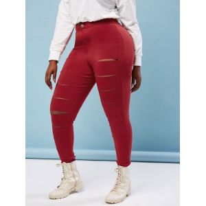 

Colored Ladder Distressed Plus Size Skinny Pants, Red