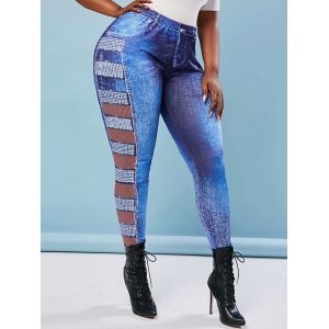 

High Waisted 3D Rhinestone Print Plus Size Jeggings, Blue