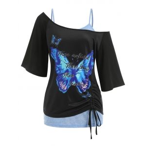 

Plus Size Cinched Skew Neck Butterfly Print Tee and Lace Tank Top Twinset, Black