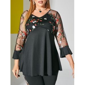 

V Neck Floral Embroidered Mesh Panel Plus Size Top, Black