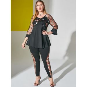 Mesh Panel Floral Embroidered Plus Size Leggings