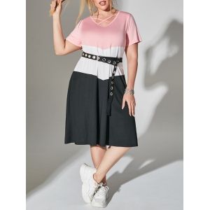 

Plus Size Colorblock Crisscross Swing Dress, Light pink