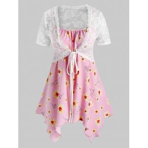 

Plus Size Lace Top and Handkerchief Floral Print Camisole Twinset, Light pink