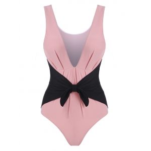 

Plunge Contrast Bowknot Pleated Detail One-piece Swimsuit, Light pink