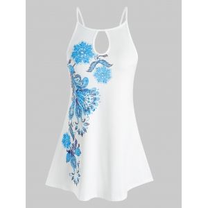 

Plus Size Flower Printed Keyhole Neck Tank Top, White