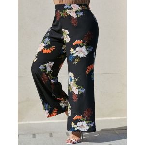 

Plus Size Floral Print High Rise Palazzo Pants, Black