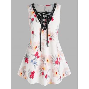 

Plus Size Sleeveless Floral Print Lace Up Blouse, White