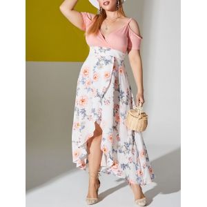 

Plus Size Cold Shoulder Floral Print High Low Maxi Dress, Multi