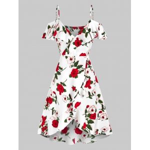 

Cold Shoulder Floral Print Ruffle Dress, White
