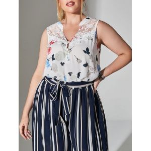 

Plus Size Floral Print Lace Insert Tank Top, White
