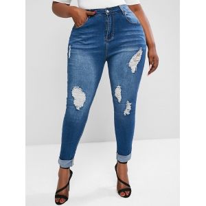 

Plus Size Distressed Cuffed Skinny Jeans, Deep blue
