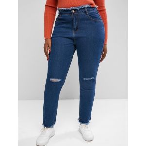 

Plus Size Raw Trims Distressed Jeans, Deep blue
