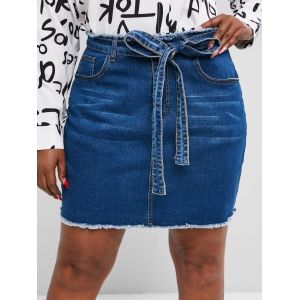 

Plus Size Belted Raw Hem Denim Skirt, Blue