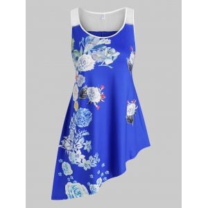 

Plus Size Flower Print Asymmetric Tank Top, Blue