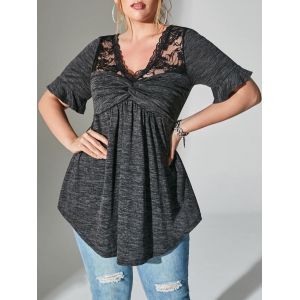 

Plus Size Flower Lace Flare Sleeve T Shirt, Dark gray