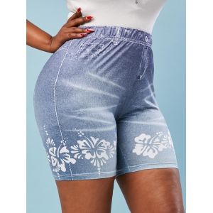 

Plus Size 3D Jean Pattern High Rise Biker Shorts, Light blue